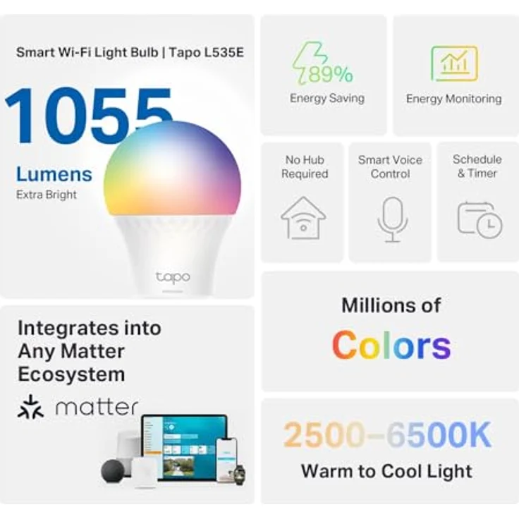 Tapo TP-Link L535E Alexa Lampe E27, Matter zertifiziert, mehrfarbige dimmbare smarte WLAN Glühbirne, kompatibel mit Alexa, Siri oder Google Assistant, Energieüberwachung, kein Hub notwendig – Bild 2