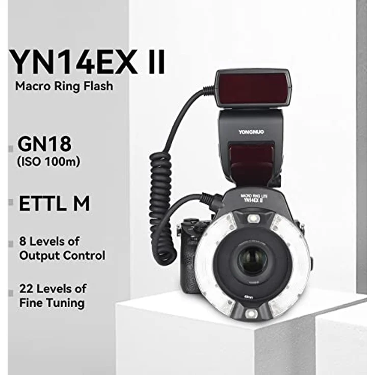 YONGNUO YN14EX II Makro-Ringblitz für Canon DSLR-Kameras, mit Adapterringen und Farbtemperaturfilter, Blitzschuhhalterung, unterstützt M, TTL-Blitz – Bild 2