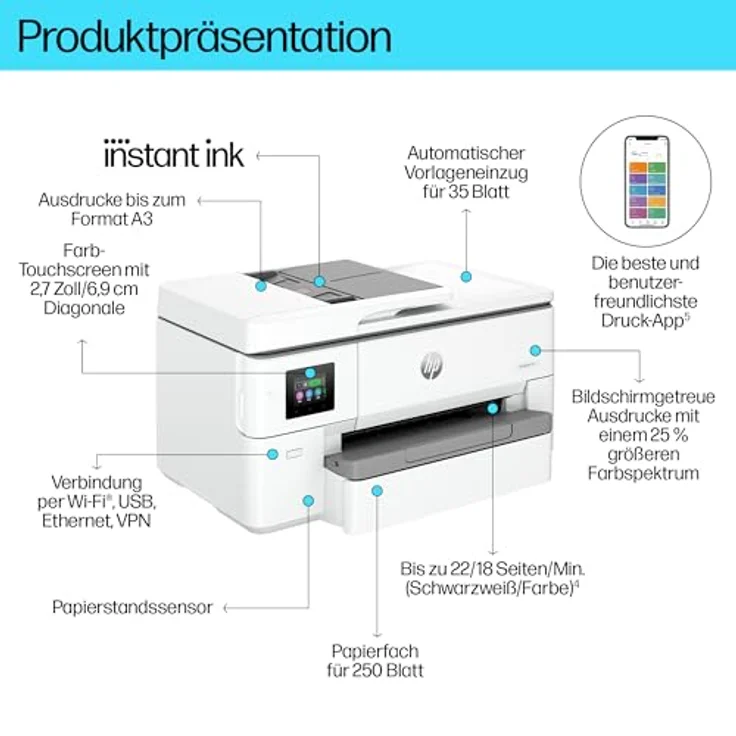 HP OfficeJet Pro 9720e Multifunktionsdrucker, 3 Monate gratis drucken mit HP Instant Ink inklusive, HP+, Drucker, Scanner, Kopierer, Fax, WLAN, LAN, Duplex, Airprint, Grau-Weiß – Bild 4