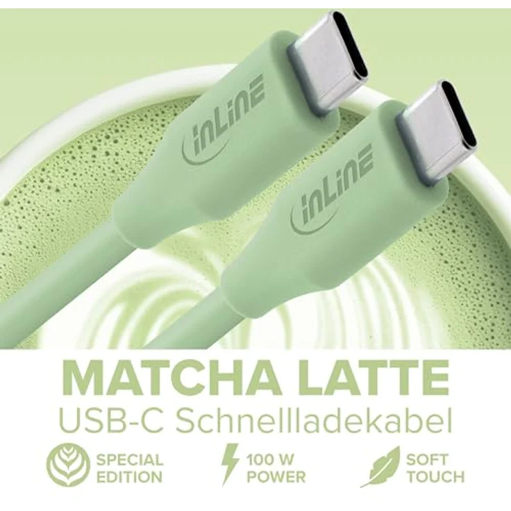 InLine Colour your Charge USB C Kabel 100W, PD Schnellladekabel, ultra-flexibel aus Silikon, für iPhone Air 17/16/15, iPad, Galaxy S23, Pixel, 1m, Matcha Latte (grün) – Bild 2