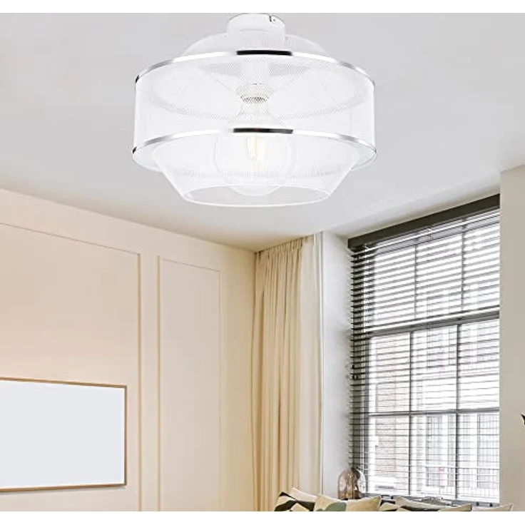 Globo Deckenleuchte Drahtgeflecht Esszimmer Designlampe Deckenlampe, 1 flammig mit zwei Chromringen in Gitteroptik, Metall Käfig weiß, E27 Fassung, 27,5x12x21,5 cm – Bild 4