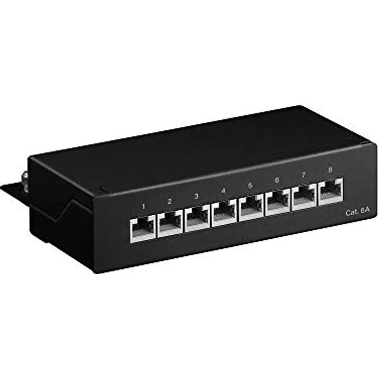goobay 62065 CAT 6A Patch Panel 8 Port / RJ45 Buchsen Netzwerkstecker / 500 MHz LAN Patchfeld / 1 HE Verteilerfeld/Mini Desktop Patchpanel Wandmontage/Schwarz