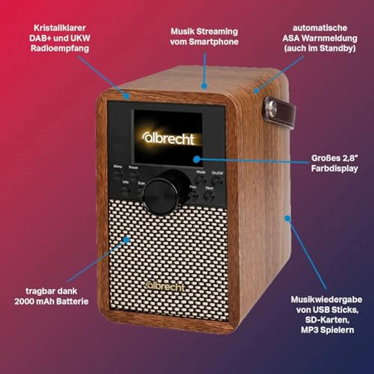 Albrecht DR 710, tragbares DAB+ Digitalradio mit kristallklarem Klang, 2000 mAh Akku, BT 5.3, Musikstreaming über Smartphone, SD-Karte & USB, ASA-Warnmeldungen – Bild 3