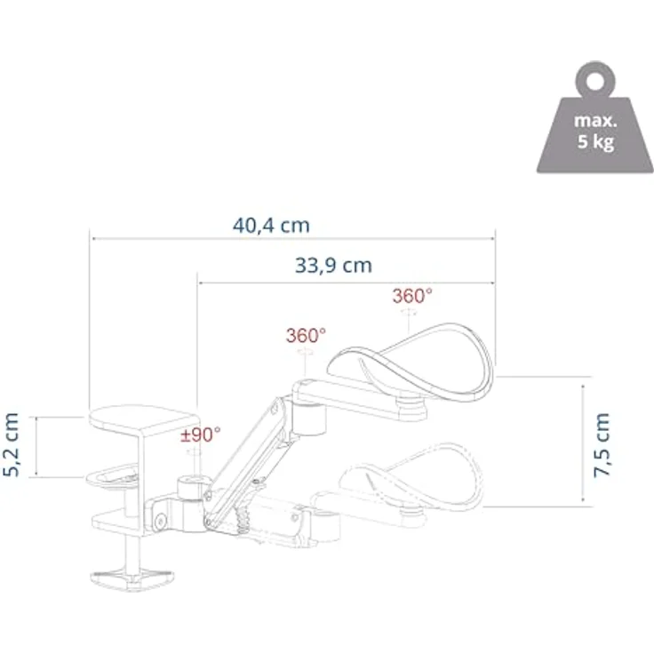 hjh OFFICE RELEX RT1 Armstütze, Ergonomische Handballenauflage aus Aluminium und Stahl, gepolstert, drehbar, für Schreibtisch – Bild 3