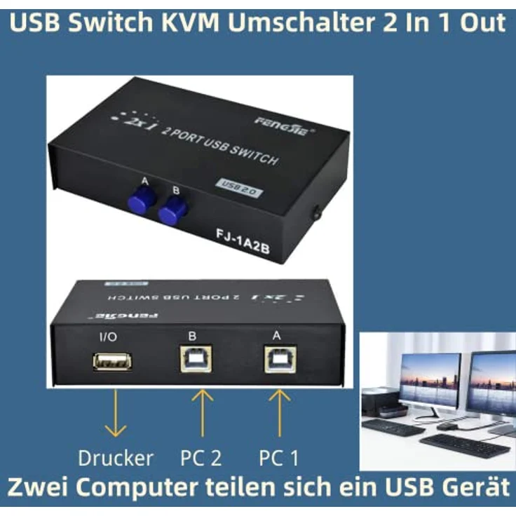 Aukson I43C USB 2.0 Switch, 2-Port KVM Umschalter für USB-Geräte mit Schaltknopf und 480 Mbps Datenübertragungsrate – Bild 2
