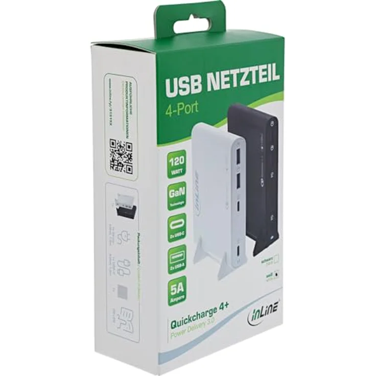 InLine 4-Port USB Netzteil, GaN Ladegerät mit 2x USB-C & 2x USB-A, 120W, Power Delivery & QuickCharge, kompakt, schwarz, 31515B – Bild 4