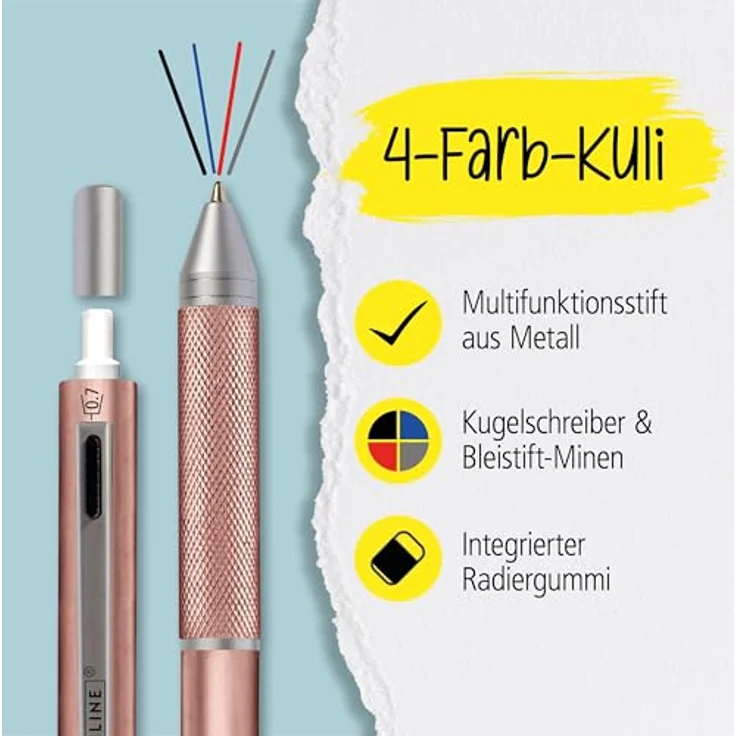ONLINE Multipen 4-in-1, Multifunktionsstift aus Metall mit 3 Kugelschreiber-Minen in blau, schwarz und rot sowie Druckbleistift und Radierer, Farbe rosegold – Bild 2