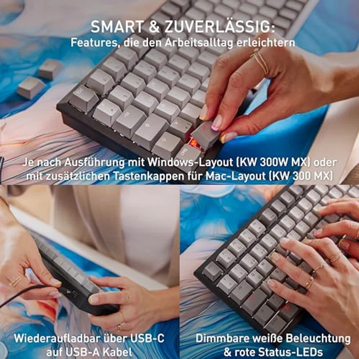 CHERRY KW 300W MX, Mechanische Tastatur mit Cherry MX2A Silent Red Switches, Kabellos & Kabelgebunden, USB + Bluetooth, LED, 75%-Formfaktor, Schwarz / Kupfer / Grau – Bild 7