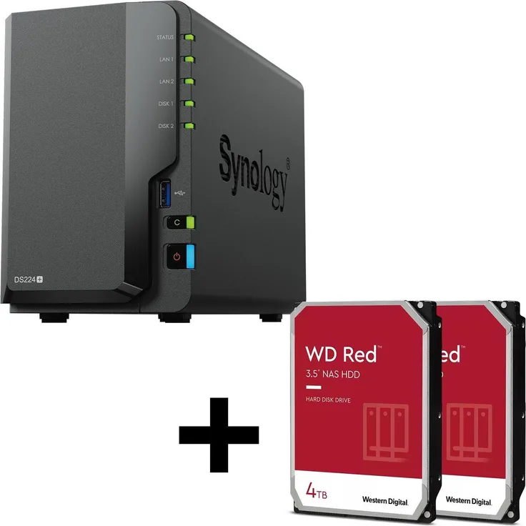 Synology DiskStation DS224+, 2 Einschübe NAS-Server Leergehäuse mit 2x 4TB WD Red SATA 3.5" HDD, Schwarz