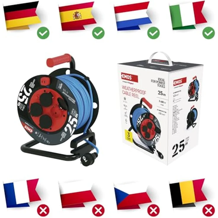 EMOS frostsichere Outdoor-Kabeltrommel 25m, 1,5 mm2 Silikon-Isolierung, 4 Schuko, IP44 wasserdicht, blau – Bild 3