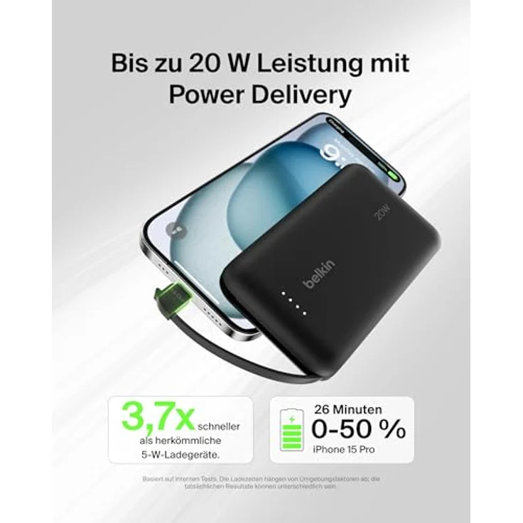 Belkin BoostCharge Power Bank, Portable Powerbank 10000mAh mit integriertem Kabel, PD 20 W – USB-C Power Delivery, für iPhone 16-Serie, iPad Pro und Galaxy S24, in Schwarz – Bild 2