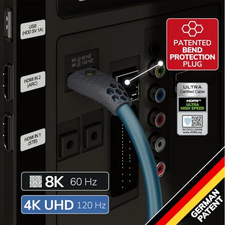OEHLBACH Flex Evolution HDMI Kabel - Patent - Knickschutz Gewebemantel - 8K Ultra High-Speed HDMI-Kabel - 8K FUHD 60Hz 4320p - 4K 120Hz 2160p - 48Gbit-s (21:9 Cinema, 3D, Dolby Vision, Dynamic HDR 10+, VRR, eARC, UHD2) 1 m – Bild 9