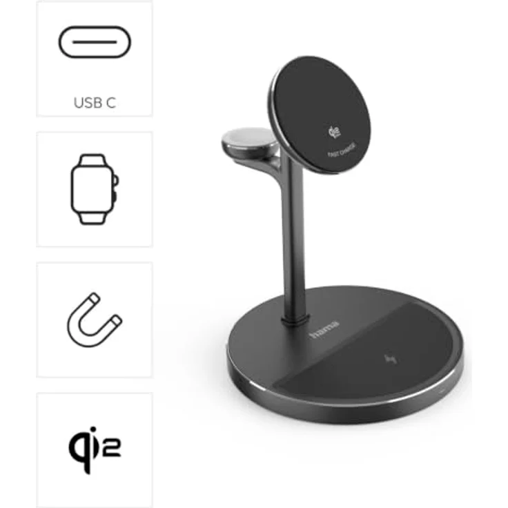Hama Qi2 3-in-1 magnetisches kabelloses Ladegerät, 15 W für Smartphone, Kopfhörer und Apple Watch, verstellbare Halterung, hochwertiges Aluminiumdesign – Bild 2