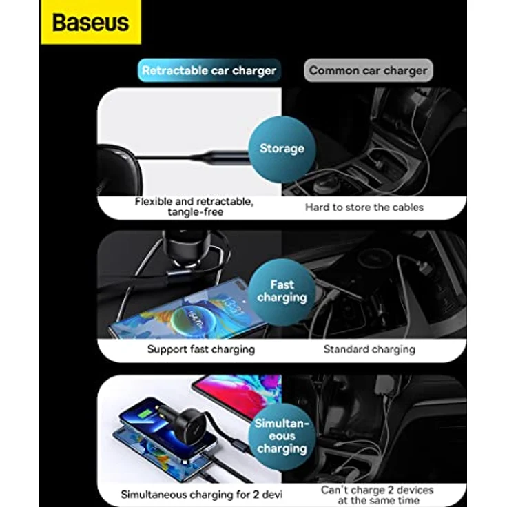 Baseus Enjoyment Kfz-Ladegerät mit Kabel USB-C + Lightning 3A, 30W (schwarz) – Bild 4