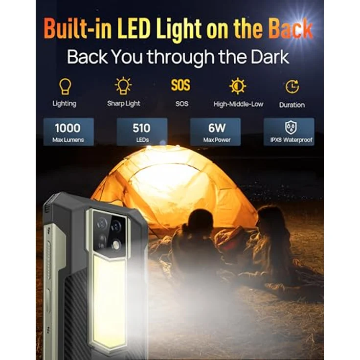 Ulefone Armor 24 Outdoor Smartphone 24G+256GB 2.2000mAh Akku 66W, 1000 Lumen LED-Licht Android 13 Outdoor Handy ohne vertrag FHD+ 6.78" 64MP+64MP Nachtsicht Kamera Dual SIM IP68 Smartphone NFC Schwarz – Bild 3