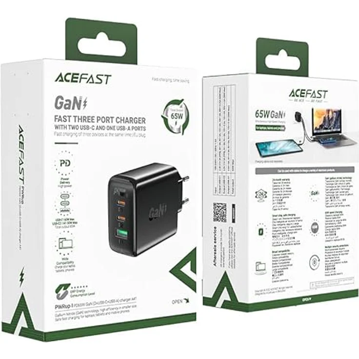 Acefast A41, USB Ladegerät mit 65 W, 3 Anschlüssen (2x USB-C, 1x USB-A), GaN-Technologie, Schwarz – Bild 4