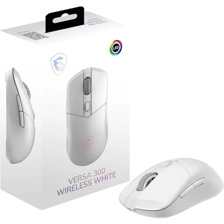 MSI VERSA 300 WIRELESS WHITE Gaming-Maus – 8000 DPI, symmetrisch, 50 Stunden Akkulaufzeit, RGB-Beleuchtung, 60 g, kabelgebunden/kabellos