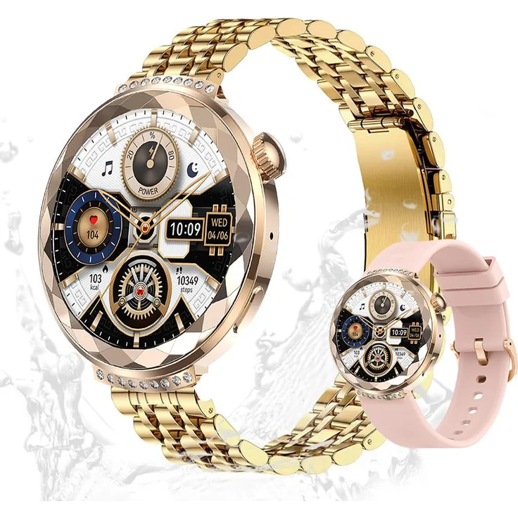 Valdus Damen Smartwatch Elegant 1,19 Zoll – Telefonfunktion, 180mAh Akku, Fitness-Tracking, Bluetooth-Anruf, IP67, Gold