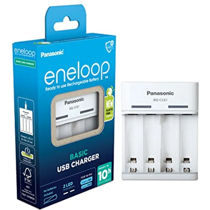 Panasonic eneloop Basic USB Ladegerät für 2 oder 4 AA/AAA NI-MH-Akkus, mit 6 Sicherheitsfunktionen und Micro USB-Ladekabel