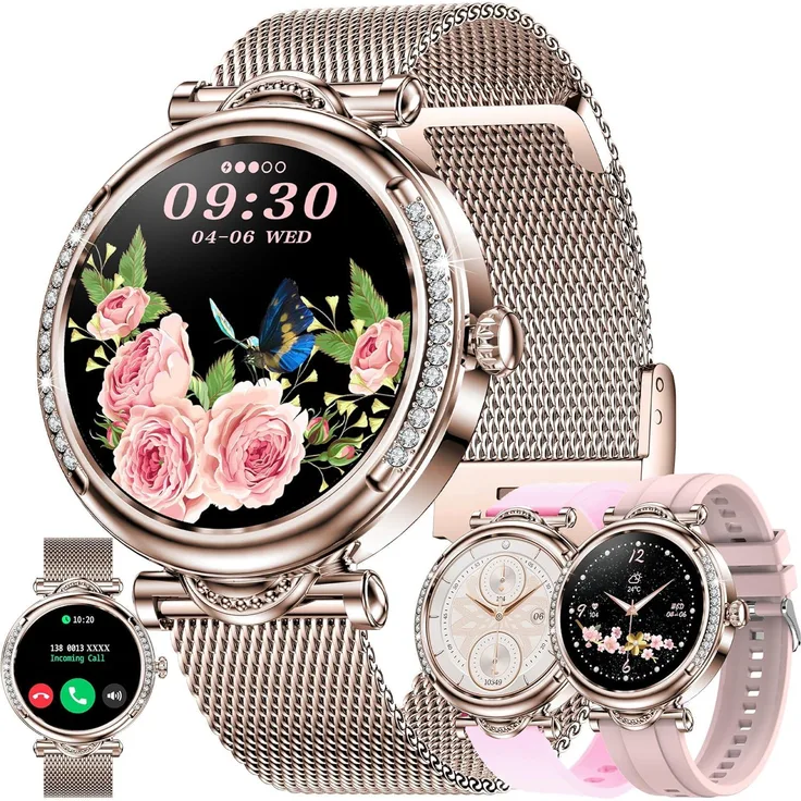 ZPIMY Damen Smartwatch mit Telefonfunktion, 1.27 Zoll Display, Edelstahlarmband, Diamant Lünette, 123 Sportmodi, IP68 wasserdicht, kompatibel mit Android und iOS