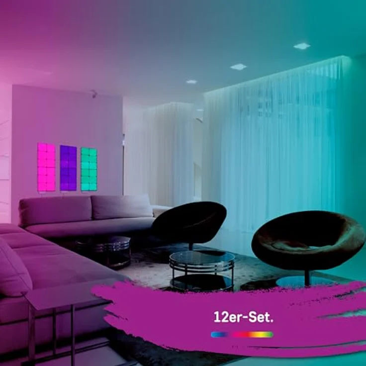 Müller-Licht Magic Panel LED WLAN Wand- und Deckenleuchten, 12 quadratische RGB mit music sensor, steuerbar per TUYA App, individuelle Montage in 6er-Set – Bild 2