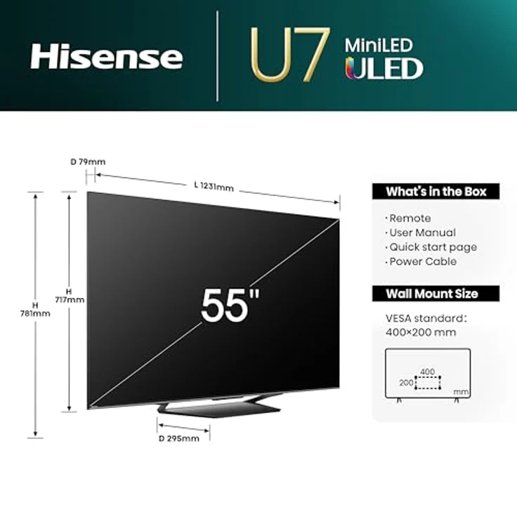 Hisense 55U7NQ 139cm (55 Zoll) Fernseher, 4K Mini LED ULED HDR Smart TV, Quantum Dot, 120Hz/ 144Hz VRR, HDMI 2.1, Game Mode Pro, Dolby Vision IQ & Atmos, Bluetooth, Alexa Built-in, Anthrazit [2024] – Bild 2