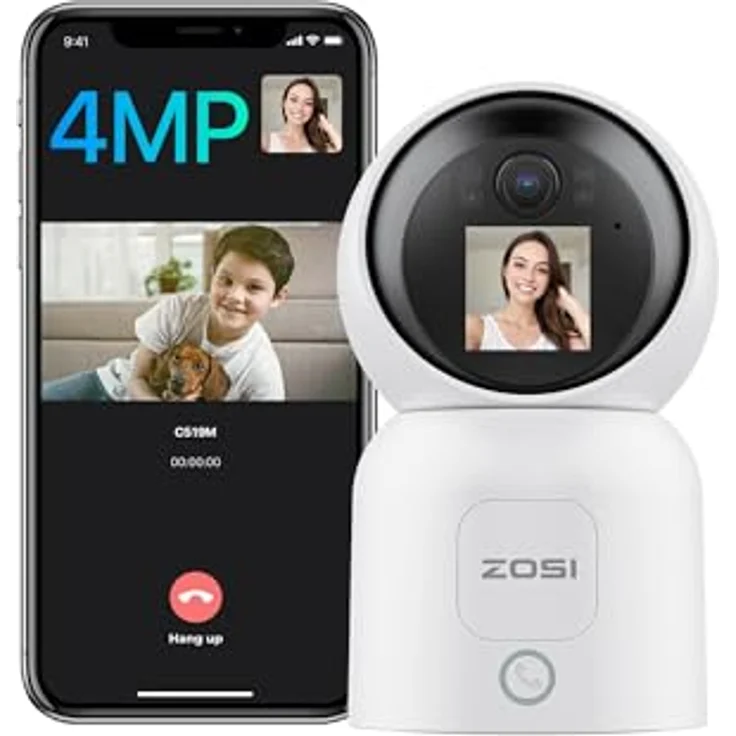 ZOSI 2,5K 4MP WLAN Innen Überwachungskamera mit Monitor, 360° Schwenkbare Kamera Indoor für Baby, 2,4/5Ghz WiFi, KI Personenerkennung, Auto-Tracking, Gesture-Call, C519M in Weiß – Bild 1
