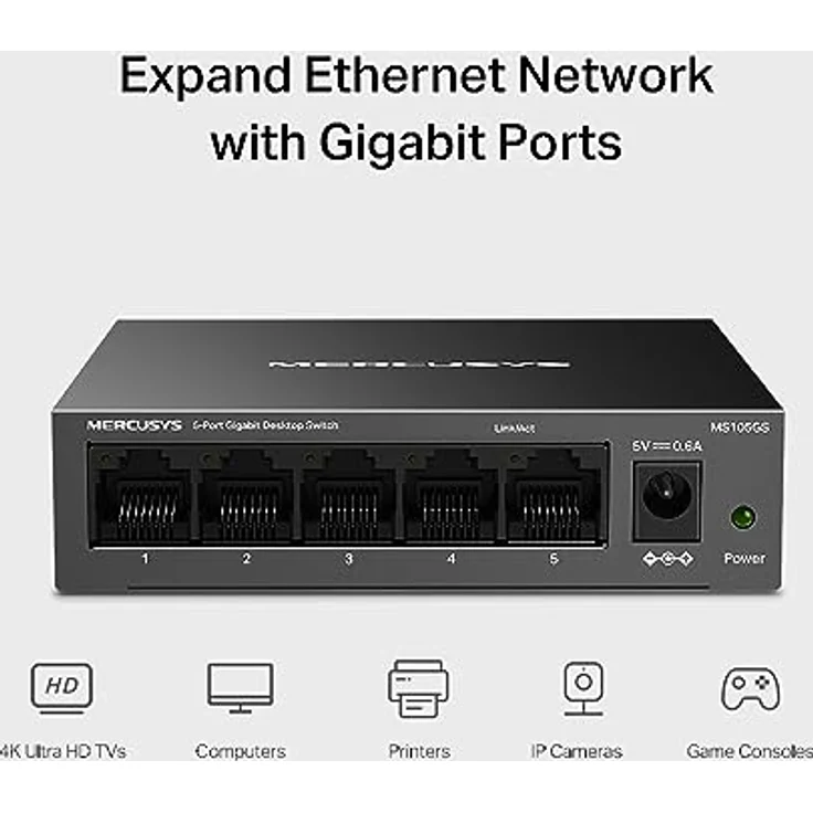 MERCUSYS MS105GS 5-Ports Gigabit Netzwerk Switch, Unmanaged LAN Switch Netzwerk Switch, Plug and Play, Metallgehäuse, Lüfterlos, 10/100/1000 Mbps, Stahlgehäuse, Energiesparend – Bild 5