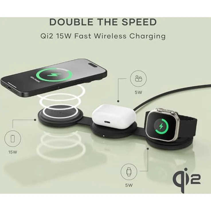 Satechi Onthego 3-in-1 Wireless Charger, vielseitiges Ladegerät für iPhone, Apple Watch und AirPods, schwarz, 15W Qi2 Technologie – Bild 2
