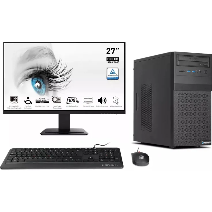 Ankermann Office Komplett PC, Intel Core i5-10500, 16GB RAM, 480GB NVMe SSD, Windows 11, 27 Zoll MSI Monitor, inkl. Maus & Tastatur, MS Office 2024