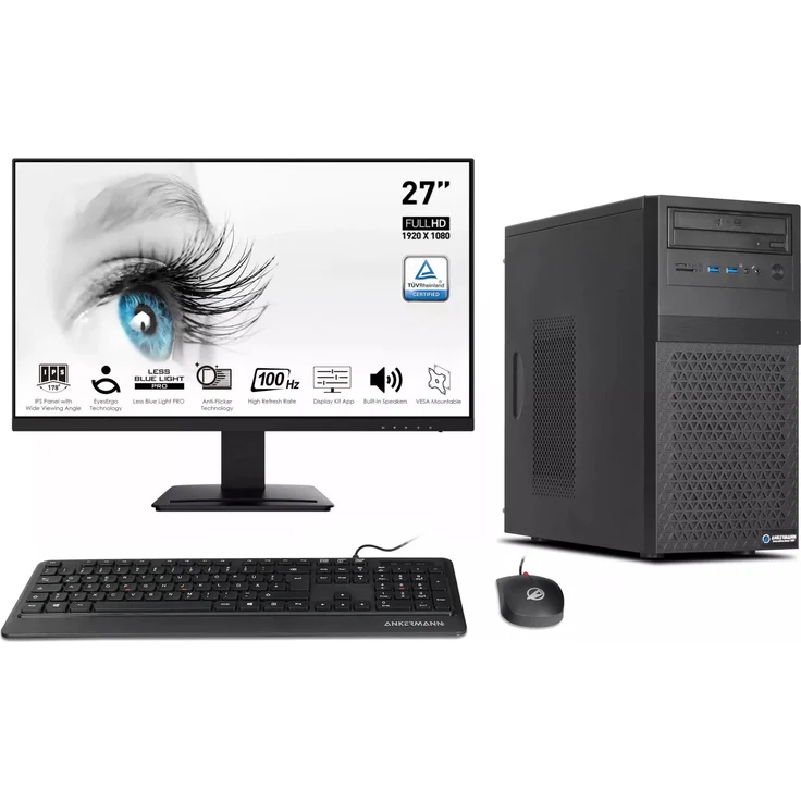 Ankermann Office Komplett PC, Intel Core i5-10500, 16GB RAM, 480GB NVMe SSD, Windows 11, 27 Zoll MSI Monitor, inkl. Maus & Tastatur, MS Office 2024