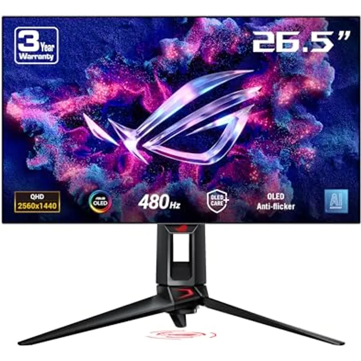 ASUS ROG Swift OLED PG27AQDP, 27 Zoll WQHD Gaming Monitor, 480 Hz, 0.03ms GtG, G-Sync, FreeSync, ROG A.I., GameFast, HDR 400 TB, 10-bit WOLED Panel, 16:9, 2560x1440, DP, HDMI, USB-Hub, ergon