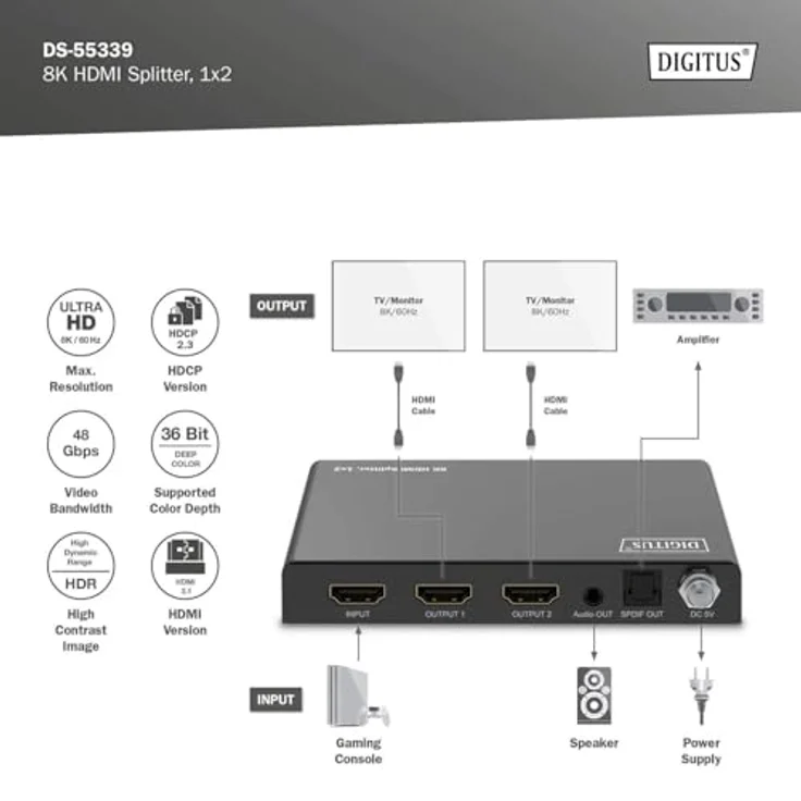 DIGITUS DS-55339 HDMI Splitter 1x2 – UHD 8K/60 Hz – HDR, Deep Color, EDID-Umschalter – Toslink, Stereo (3,5 mm) – Bild 3