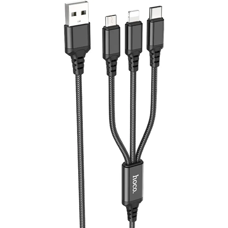 Hoco Super X76, Multifunktionales 1 m USB-A Kabel mit Lightning-, Typ-C- und Micro-USB-Anschlüssen, Schwarz