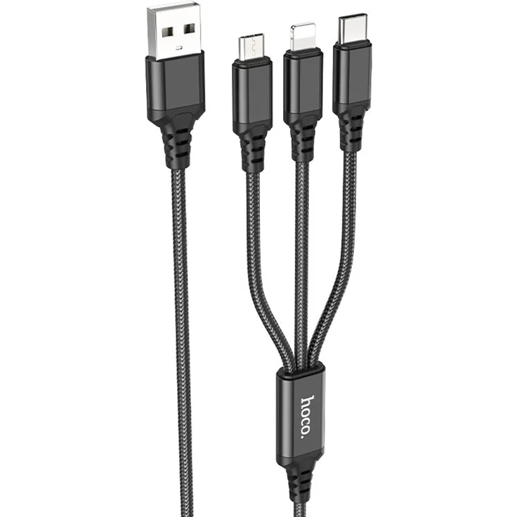 Hoco Super X76, Multifunktionales 1 m USB-A Kabel mit Lightning-, Typ-C- und Micro-USB-Anschlüssen, Schwarz