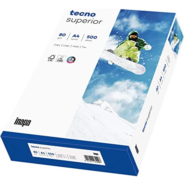 inapa Drucker-/ Kopierpapier tecno Superior: 80 g/m², A4, 500 Blatt, hochweiß, 2-fach gelocht, ColorLok-Technologie