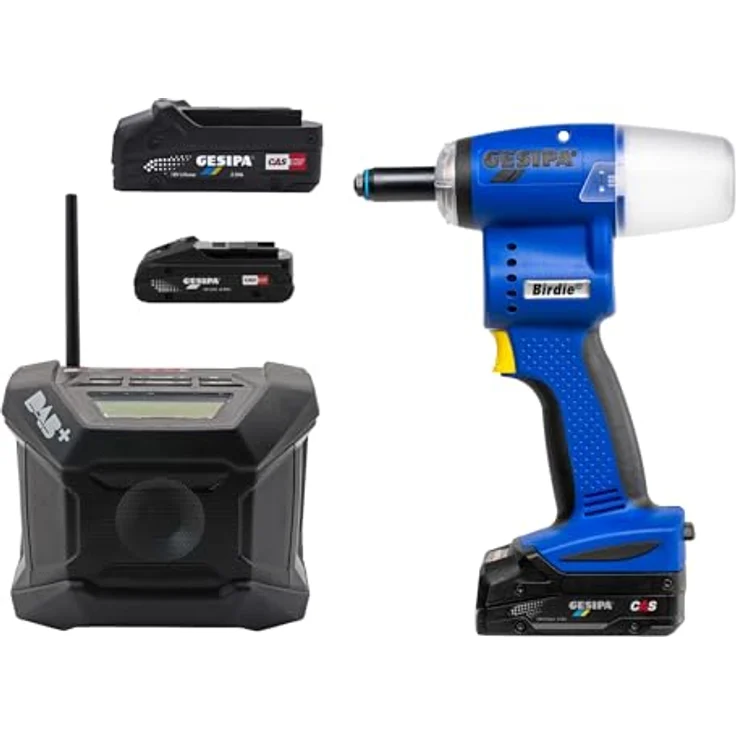 Gesipa Birdie on Air - Akkunietgerät inkl. 1x 2,0 Ah + 1x 4,0 Ah CAS-Akku, Ladegerät in L-Boxx mit Metabo-Baustellenradio – Bild 1