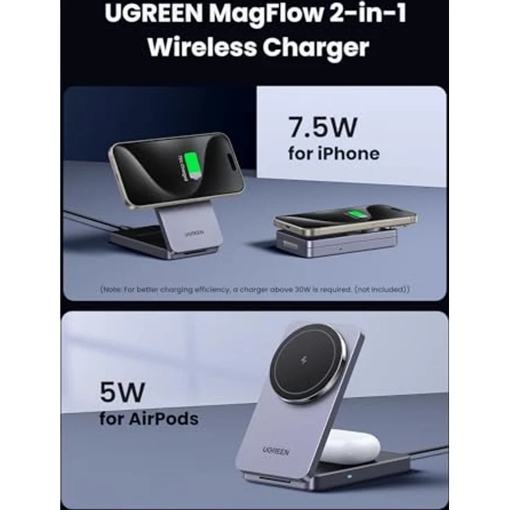UGREEN MagFlow magnetische 2 in 1 Ladestation für iPhone, kompatibel mit MagSafe, faltbares Wireless Charger für iPhone 16/16 Pro/16 Pro Max/14/13/12, AirPods - Schwarz – Bild 2