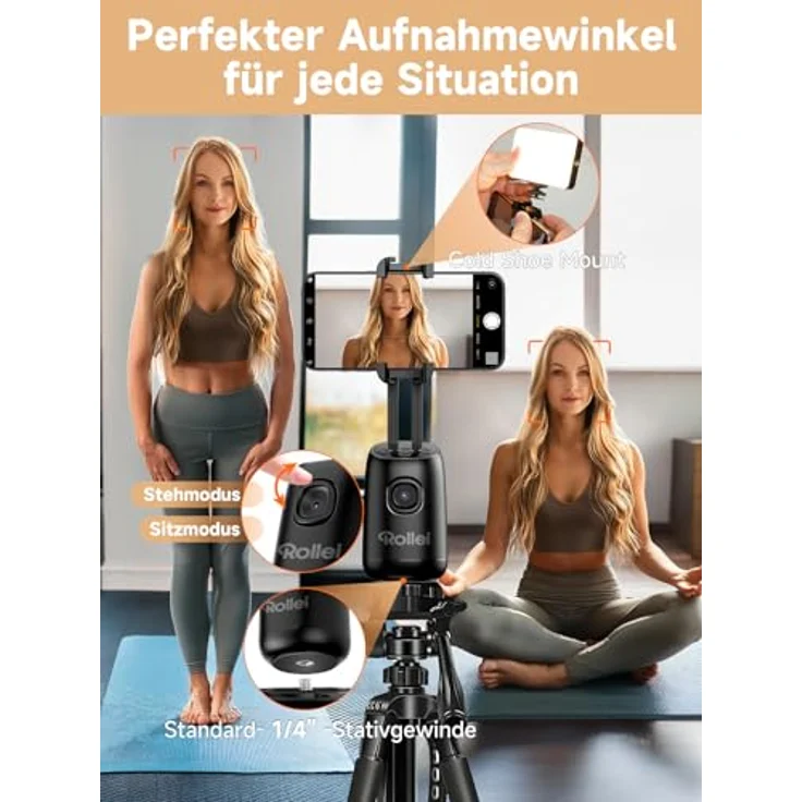 Rollei Easy Creator Desktop AI, Stativ mit AI-Tracking, Gestensteuerung und 360°-Drehung, kompaktes Design für Streaming und Präsentationen – Bild 7