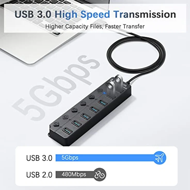 USB 3.0 Hub, 7-Port-USB-Splitter mit unabhängigen Schaltern – Bild 4