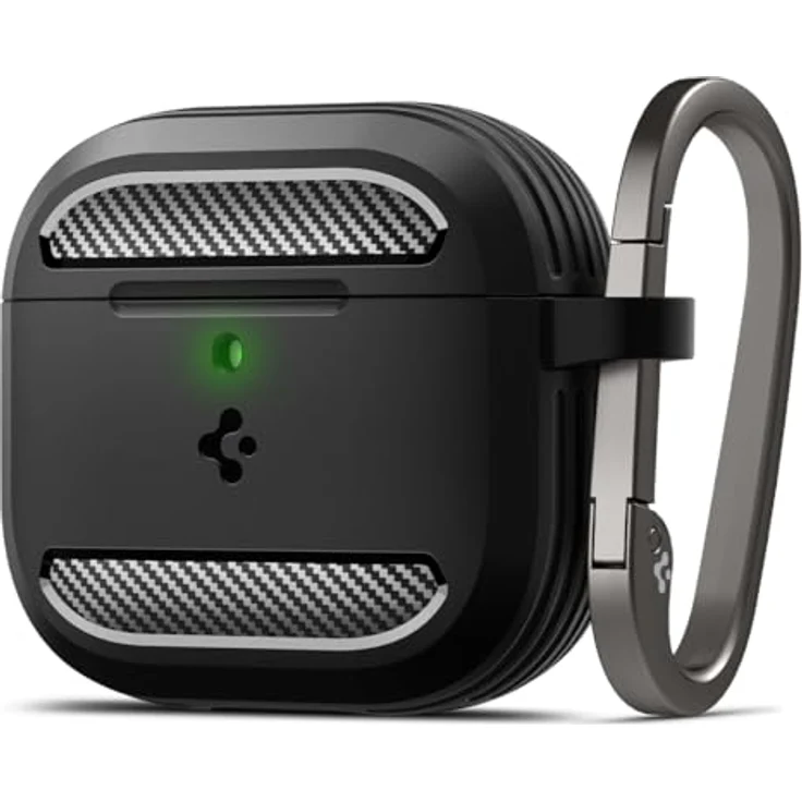Spigen Rugged Armor Hülle Case kompatibel mit AirPods 4 (2024) - Matt Schwarz, TPU Hülle mit Karabiner und kabellosem Laden – Bild 1