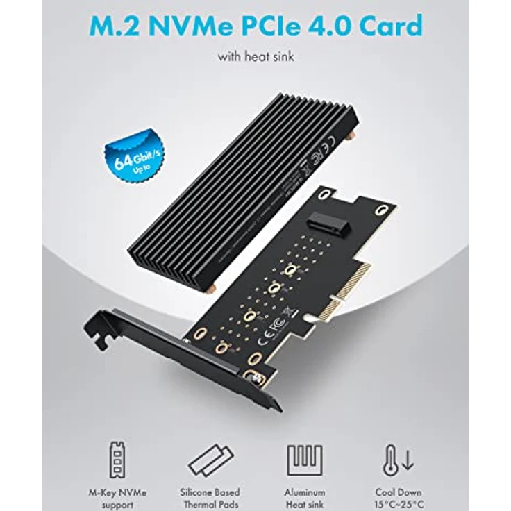 GRAUGEAR | M.2 PCIe 4.0 Karte | für M.2 NVMe SSD | M-Key | 4X Silikon Wärmeleitpads | Großer Aluminium Kühlkörper | 2280, 2260, 2242, 2230 | High + Low-Profile Slotblech | G-M2PCI01 – Bild 3