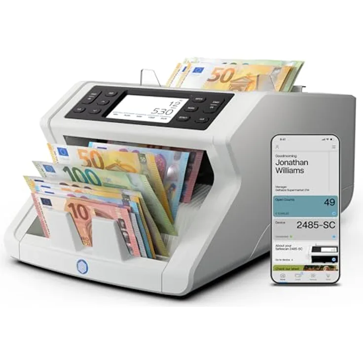 Safescan Banknotenzähler 2485-SC, Geldzählmaschine mit 100 % Falschgelderkennung, Wertzählung für bis zu 40 Währungen, Bluetooth App-Funktion, Touch-Display