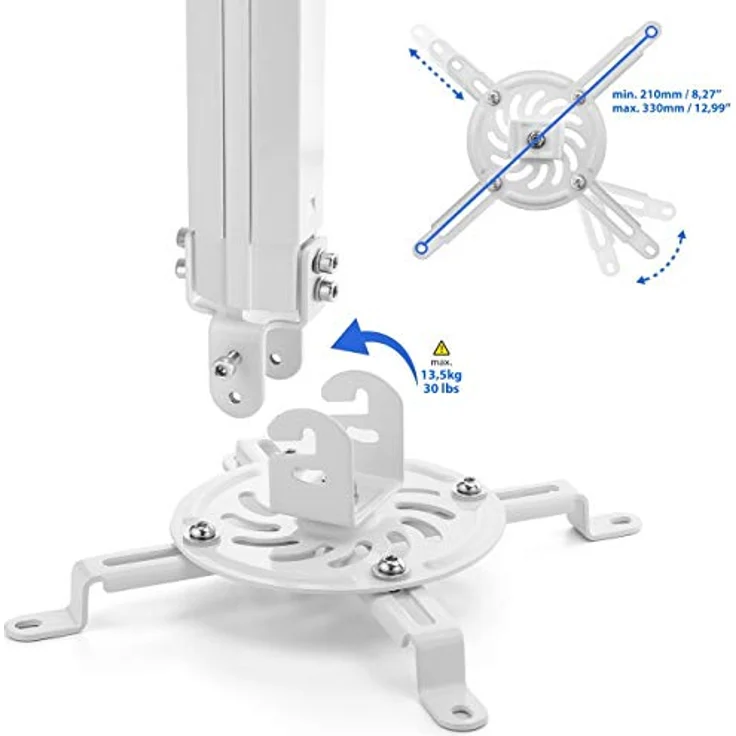 deleyCON Universal Beamerhalterung Deckenhalterung +-15° Neigbar - 360° Drehbar - bis 13,5Kg - Höhenverstellbar 545mm-900mm - Kabelführung - Weiß – Bild 3