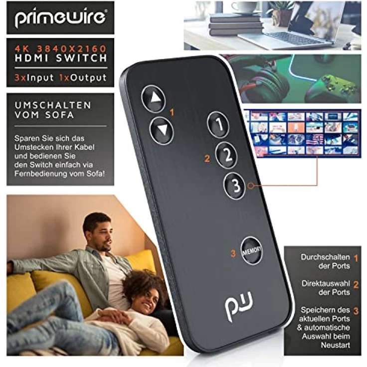 CSL - HDMI 2.0 Verteiler 4k 60Hz - 3 Port Switch mit Fernbedienung - 2.0b Ultra HD 4096x2160 3840x2160 - HDR - 3D Ready - HDCP - 48 Bit Deep Color - automatische Umschaltung - mit Netzteil in Schwarz – Bild 4