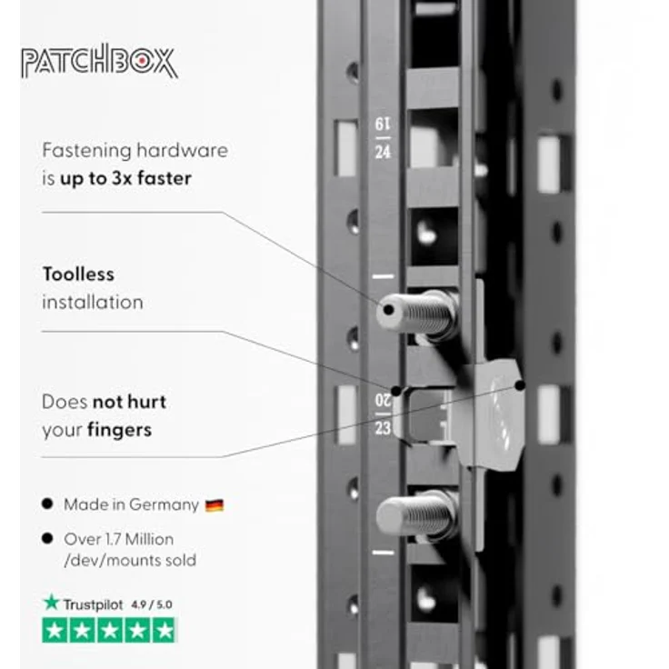 PATCHBOX /dev/Mount 50-Pack - Käfigmutter Alternative, schnelle Montage für 19" Server Rack Schienen, werkzeuglos, lange Sechskantmuttern, quadratische Löcher, 1HE Hardware, keine scharfen Kanten – Bild 2