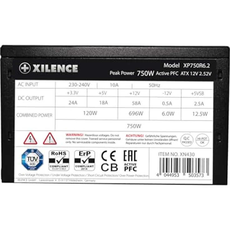 Xilence XP750R6.2 Gaming 750W ATX PC-Netzteil, 80% Effizienz, flüsterleise Kühlung mit 120mm Lüfter, schwarze Flachbandkabel – Bild 6