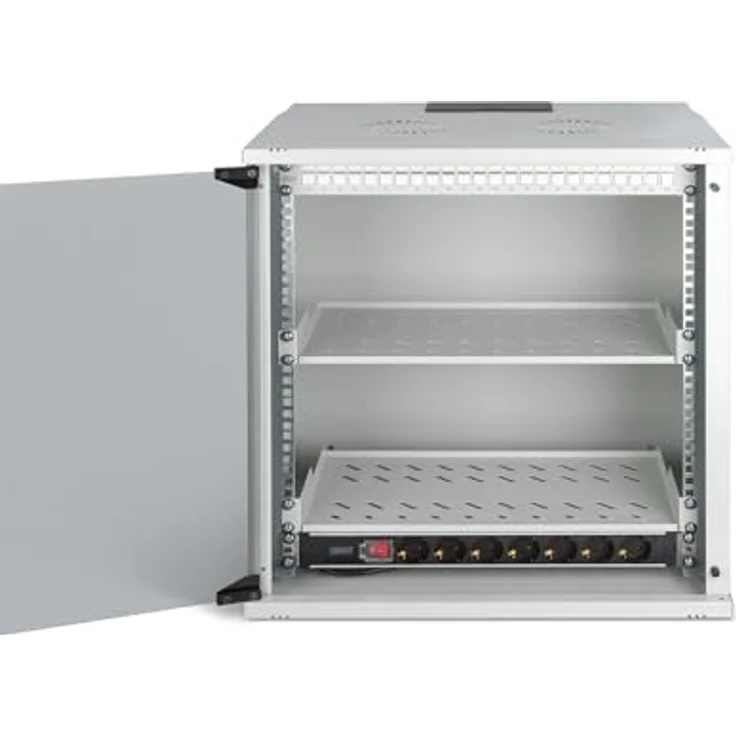 DIGITUS 19 Zoll Netzwerk-Set, 12HE Netzwerkschrank mit 2 Fachböden, 24-Port Patch Panel, 24 Keystone Module, 30 Patchkabel, Steckdosenleiste, unmontiert, SOHO PRO-Serie, Grau – Bild 5