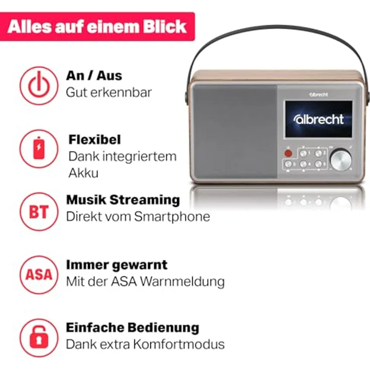 Albrecht DR 862 DAB+ Digitalradio mit UKW, Retro-Holz, 4,3 Zoll Farbdisplay, Akku- und Netzbetrieb, Komfortmodus, ASA Warnmeldungen – Bild 2
