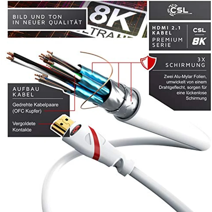 CSL-Computer 5m - Ultra HD 4k HDMI Kabel - High Speed with Ethernet - Kabel 3 Fach geschirmt inkl. Stecker- und Kontaktschirmung - 4K Ultra HD 2160p bei 60 Hz Full HD 1080p - 3D ARC C - weiß – Bild 3